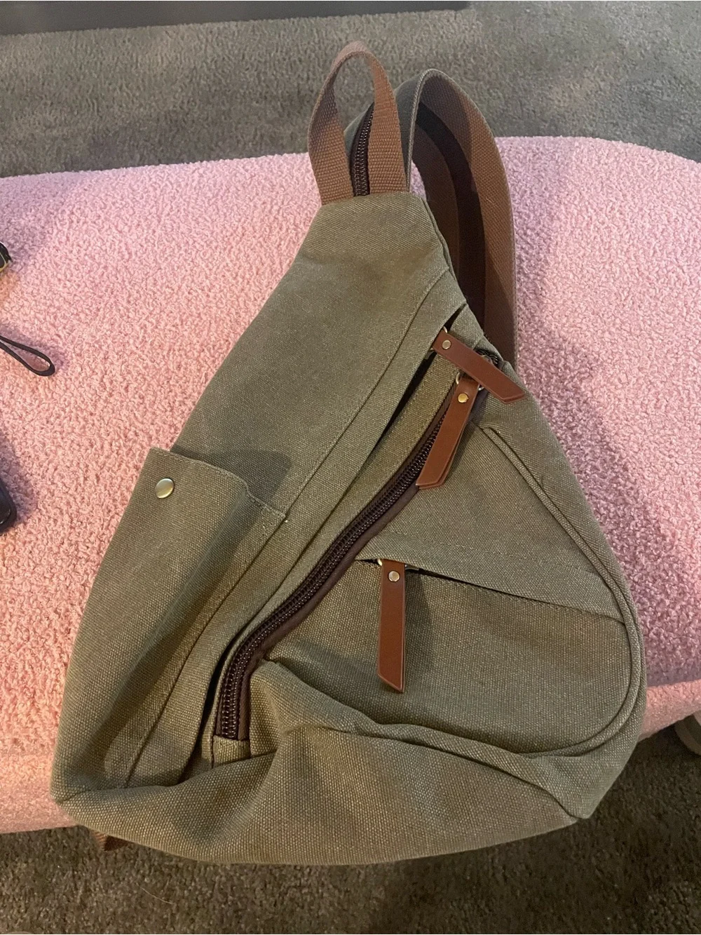 Antik Kraft Olive Canvas Sling Backpack with Brown Accents